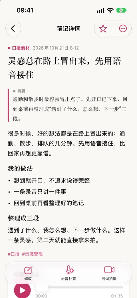 灵感妙记 App 截图:整理成清晰笔记:AI 提炼摘要、理清正文